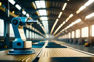 a robot is sitting on a conveyor belt in a factory. AI-Generated photo