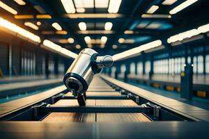 a robot is sitting on a conveyor belt in a factory. AI-Generated photo