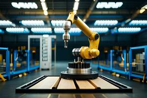 a robotic arm is sitting on a table in a factory. AI-Generated photo