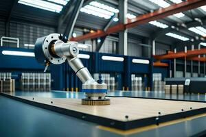 a robotic arm is sitting on a table in a factory. AI-Generated photo