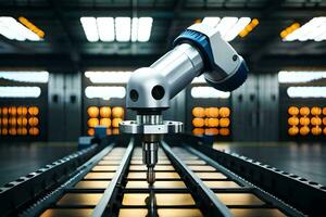 a robotic arm is on a conveyor belt in a factory. AI-Generated photo