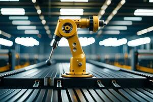 un amarillo industrial robot es sentado en un transportador cinturón. generado por ai foto