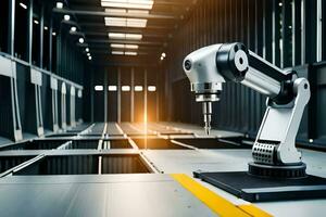 a robotic arm is sitting on a table in a warehouse. AI-Generated photo