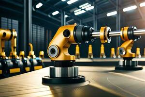 robots in a factory with yellow and black parts. AI-Generated photo