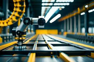 a robotic arm is on a conveyor belt in a factory. AI-Generated photo
