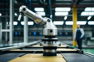 a robotic arm is on a conveyor belt in a factory. AI-Generated photo