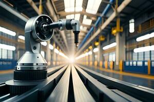 a robot is standing on a track in a factory. AI-Generated photo