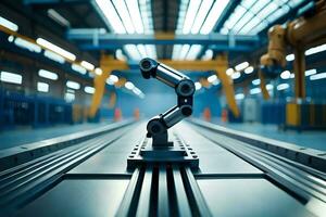 a robotic arm is sitting on a conveyor belt. AI-Generated photo