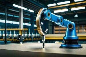 a robotic arm is sitting on a table in a factory. AI-Generated photo