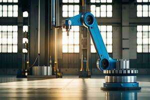 a robotic arm in a factory setting with sunlight coming through the windows. AI-Generated photo