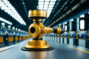 a golden robot on a conveyor belt in a factory. AI-Generated photo