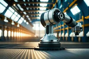 a robotic arm is sitting on a table in a factory. AI-Generated photo