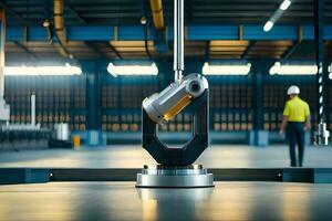 a robot is sitting on a metal stand in a factory. AI-Generated photo