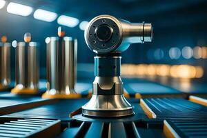 a close up of a metal object on a conveyor belt. AI-Generated photo