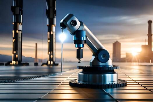 a robotic arm is sitting on a platform in front of a factory. AI-Generated photo