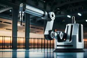 a robotic arm is sitting on a table in a factory. AI-Generated photo