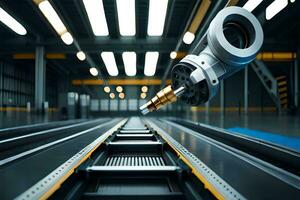 a robot is standing on a track in a factory. AI-Generated photo