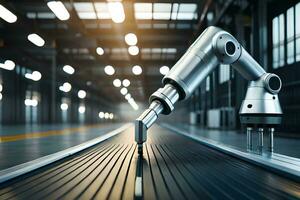 a robot is standing on a conveyor belt in a factory. AI-Generated photo