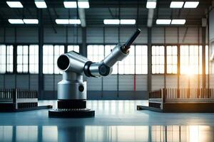 a robotic arm in a factory setting with the sun shining in the background. AI-Generated photo