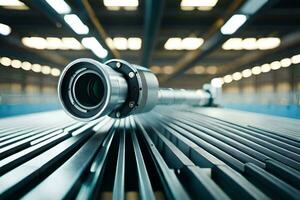 a close up of a metal pipe on a conveyor belt. AI-Generated photo