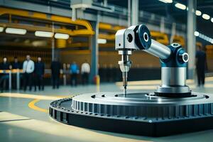 a robotic arm is sitting on a machine in a factory. AI-Generated photo