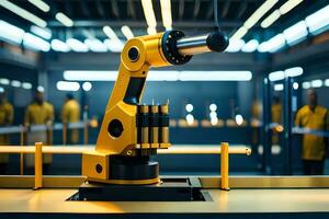 a robotic arm is sitting on a table in a factory. AI-Generated photo