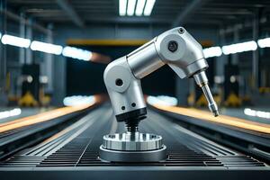a robotic arm on a conveyor belt in an industrial area. AI-Generated photo