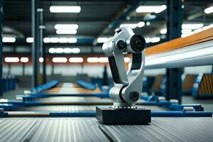 a robot is sitting on a conveyor belt in a factory. AI-Generated photo