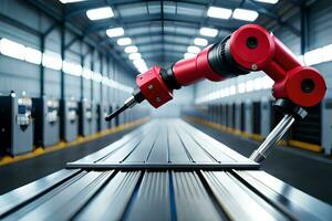 a robot is standing on a metal table in a factory. AI-Generated photo