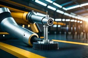 robots in an industrial factory with people in the background. AI-Generated photo