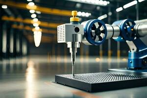 a robotic machine is sitting on a table in a warehouse. AI-Generated photo