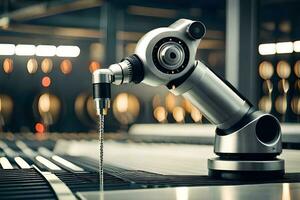 a robotic arm is holding a wire in the middle of a factory. AI-Generated photo