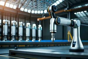 a robotic arm is sitting on a table in a factory. AI-Generated photo