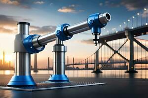 a robotic arm is sitting on a table with a bridge in the background. AI-Generated photo