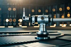 a robotic arm is sitting on a table in front of a large machine. AI-Generated photo