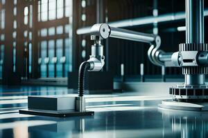 a robotic arm is sitting on a table in a factory. AI-Generated photo