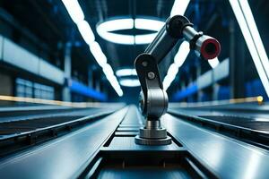 a robotic arm is sitting on a conveyor belt. AI-Generated photo