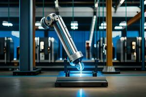 a robotic arm is in a factory with blue lights. AI-Generated photo