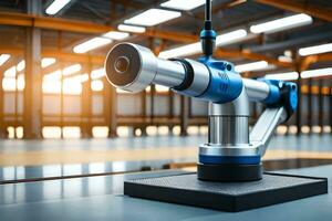 a robotic arm is sitting on a table in a factory. AI-Generated photo