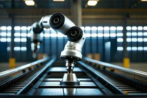 a robotic arm is on a conveyor belt in a factory. AI-Generated photo