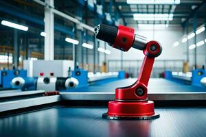 a robotic arm is sitting on a table in a factory. AI-Generated photo