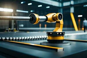 a robotic arm is sitting on a table in a factory. AI-Generated photo