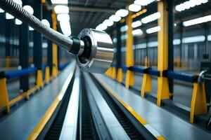 a close up of a conveyor belt in a factory. AI-Generated photo