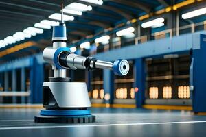 a robot is standing in front of a large warehouse. AI-Generated photo