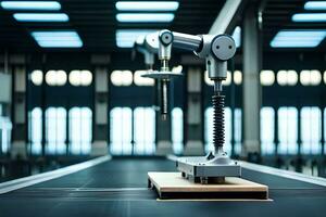 a robotic arm is sitting on a table in a factory. AI-Generated photo