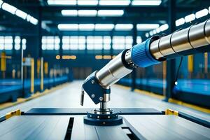 a robotic arm is on a conveyor belt in a factory. AI-Generated photo