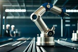 a robotic arm is on a conveyor belt in a factory. AI-Generated photo