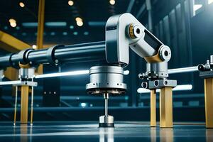 a robotic arm is sitting on a table in a factory. AI-Generated photo