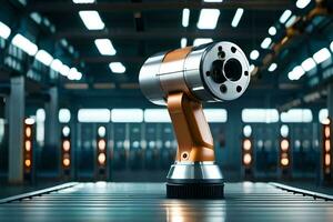 a robotic arm on a conveyor belt in a factory. AI-Generated photo