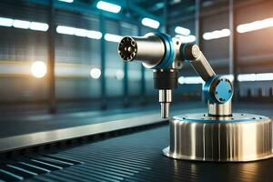 a robotic arm on a metal table in a factory. AI-Generated photo